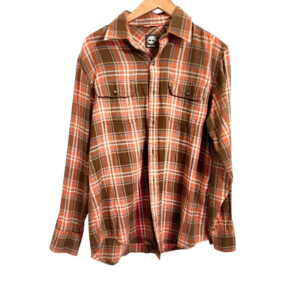 Timberland Men's Plaid Flannel Shirt Orange Brown Long Sleeve Button Up M